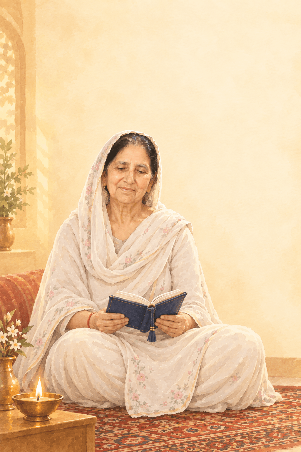 Watercolor illustration of an elder reading a Gutka Sahib beside a lit diya